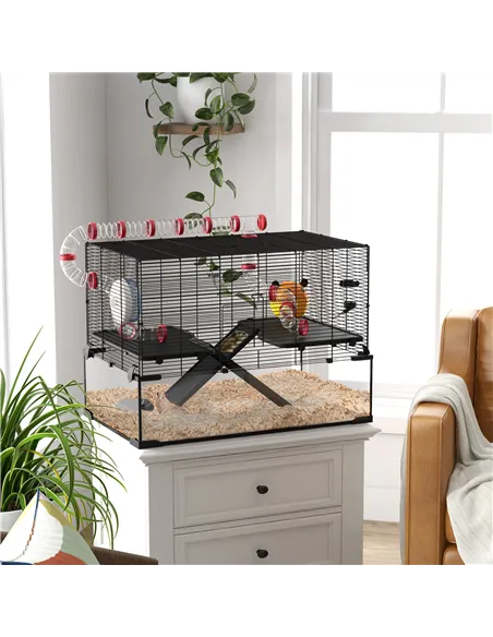 PawHut Gerbil Cage, Dwarf Hamster Cage, with Deep Glass Bottom, Tunnels, Ramps, Hut, Exercise Wheel, 78.5 x 48.5 x 57cm