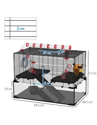 PawHut Gerbil Cage, Dwarf Hamster Cage, with Deep Glass Bottom, Tunnels, Ramps, Hut, Exercise Wheel, 78.5 x 48.5 x 57cm