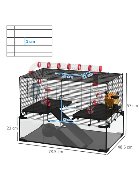 PawHut Gerbil Cage, Dwarf Hamster Cage, with Deep Glass Bottom, Tunnels, Ramps, Hut, Exercise Wheel, 78.5 x 48.5 x 57cm