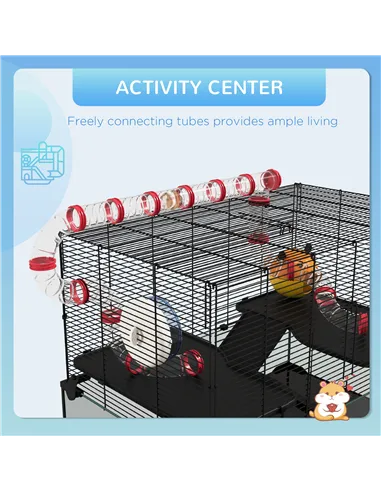 PawHut Gerbil Cage, Dwarf Hamster Cage, with Deep Glass Bottom, Tunnels, Ramps, Hut, Exercise Wheel, 78.5 x 48.5 x 57cm