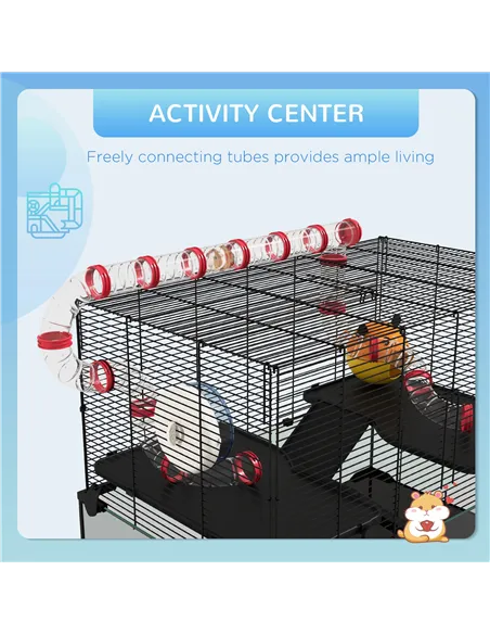 PawHut Gerbil Cage, Dwarf Hamster Cage, with Deep Glass Bottom, Tunnels, Ramps, Hut, Exercise Wheel, 78.5 x 48.5 x 57cm