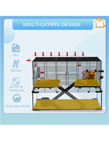 PawHut Gerbil Cage, Dwarf Hamster Cage, with Deep Glass Bottom, Tunnels, Ramps, Hut, Exercise Wheel, 78.5 x 48.5 x 57cm