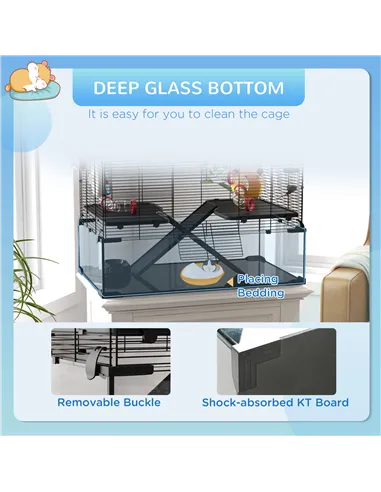 PawHut Gerbil Cage, Dwarf Hamster Cage, with Deep Glass Bottom, Tunnels, Ramps, Hut, Exercise Wheel, 78.5 x 48.5 x 57cm