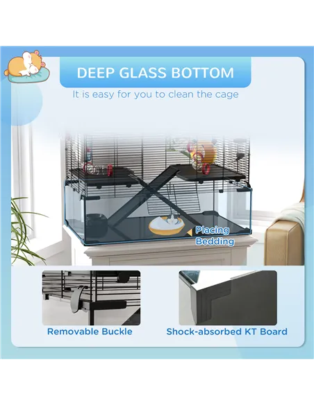 PawHut Gerbil Cage, Dwarf Hamster Cage, with Deep Glass Bottom, Tunnels, Ramps, Hut, Exercise Wheel, 78.5 x 48.5 x 57cm