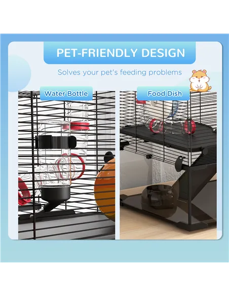 PawHut Gerbil Cage, Dwarf Hamster Cage, with Deep Glass Bottom, Tunnels, Ramps, Hut, Exercise Wheel, 78.5 x 48.5 x 57cm