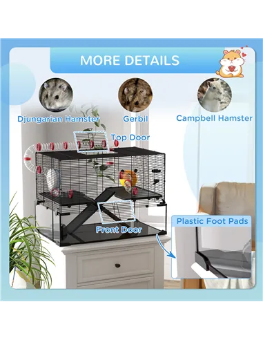 PawHut Gerbil Cage, Dwarf Hamster Cage, with Deep Glass Bottom, Tunnels, Ramps, Hut, Exercise Wheel, 78.5 x 48.5 x 57cm