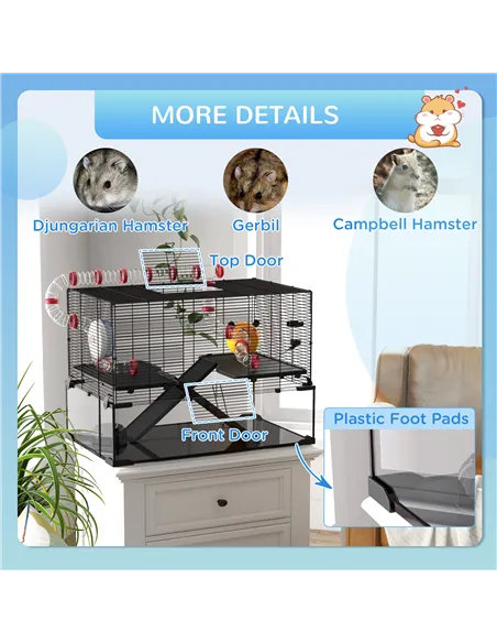 PawHut Gerbil Cage, Dwarf Hamster Cage, with Deep Glass Bottom, Tunnels, Ramps, Hut, Exercise Wheel, 78.5 x 48.5 x 57cm