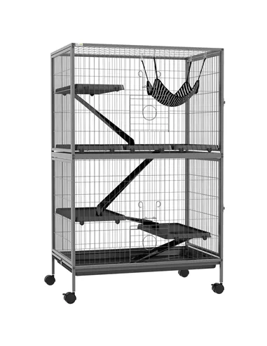 PawHut Small Animal Cage for Chinchilla Ferret Kitten on Wheels with Hammock Removable Tray, Grey