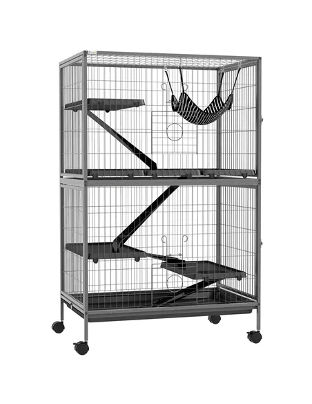 PawHut Small Animal Cage for Chinchilla Ferret Kitten on Wheels with Hammock Removable Tray, Grey