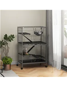 PawHut Small Animal Cage for Chinchilla Ferret Kitten on Wheels with Hammock Removable Tray, Grey 2
