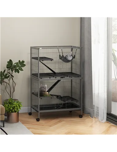 PawHut Small Animal Cage for Chinchilla Ferret Kitten on Wheels with Hammock Removable Tray, Grey