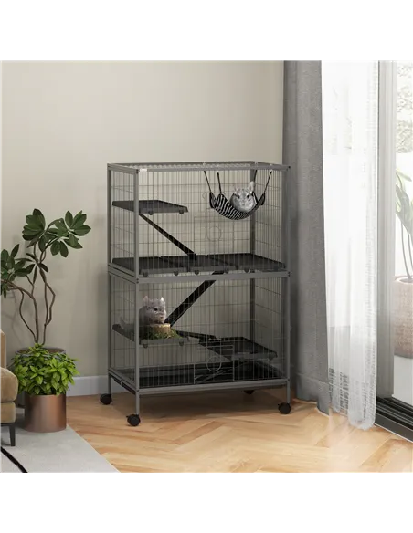 PawHut Small Animal Cage for Chinchilla Ferret Kitten on Wheels with Hammock Removable Tray, Grey