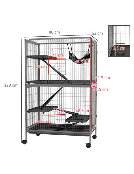 PawHut Small Animal Cage for Chinchilla Ferret Kitten on Wheels with Hammock Removable Tray, Grey