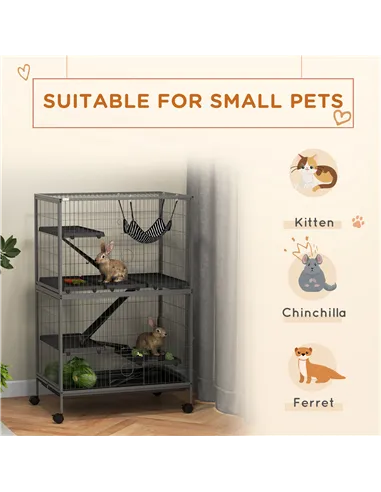 PawHut Small Animal Cage for Chinchilla Ferret Kitten on Wheels with Hammock Removable Tray, Grey