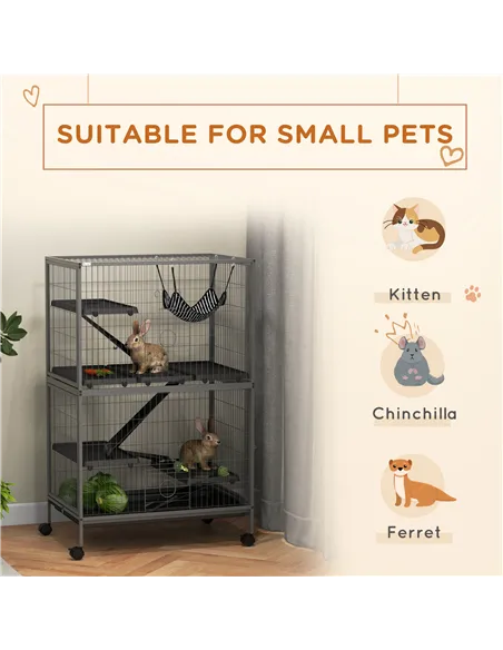 PawHut Small Animal Cage for Chinchilla Ferret Kitten on Wheels with Hammock Removable Tray, Grey