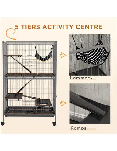 PawHut Small Animal Cage for Chinchilla Ferret Kitten on Wheels with Hammock Removable Tray, Grey