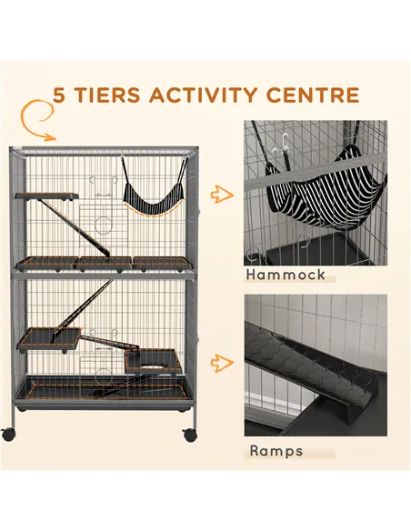 PawHut Small Animal Cage for Chinchilla Ferret Kitten on Wheels with Hammock Removable Tray, Grey