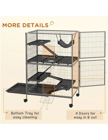 PawHut Small Animal Cage for Chinchilla Ferret Kitten on Wheels with Hammock Removable Tray, Grey