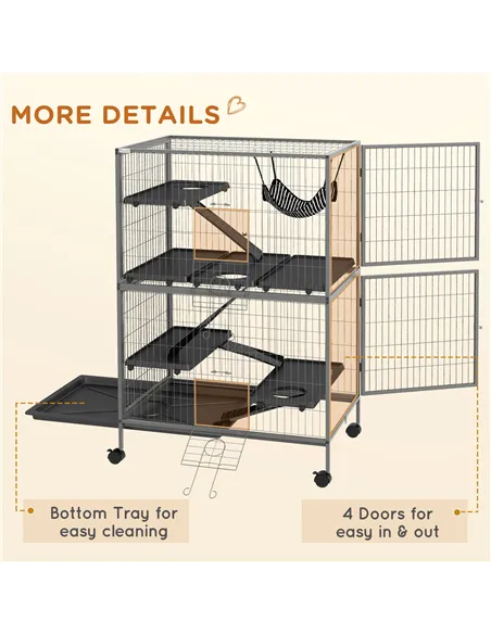 PawHut Small Animal Cage for Chinchilla Ferret Kitten on Wheels with Hammock Removable Tray, Grey