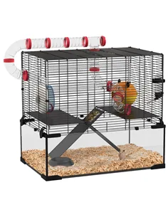 PawHut Gerbil Cage Dwarf Hamster Cage, with Deep Glass Bottom, Tunnels, Hut, Exercise Wheel, 60 x 40 x 57cm