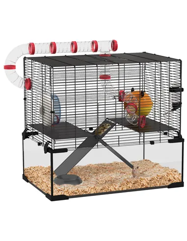 PawHut Gerbil Cage Dwarf Hamster Cage, with Deep Glass Bottom, Tunnels, Hut, Exercise Wheel, 60 x 40 x 57cm