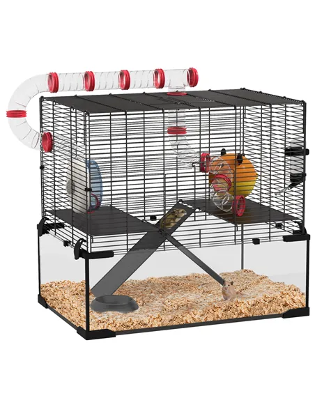 PawHut Gerbil Cage Dwarf Hamster Cage, with Deep Glass Bottom, Tunnels, Hut, Exercise Wheel, 60 x 40 x 57cm