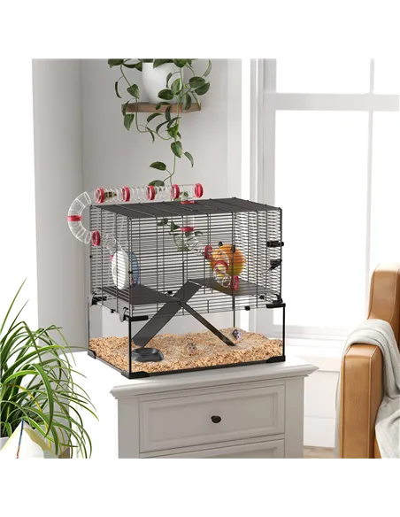 PawHut Gerbil Cage Dwarf Hamster Cage, with Deep Glass Bottom, Tunnels, Hut, Exercise Wheel, 60 x 40 x 57cm
