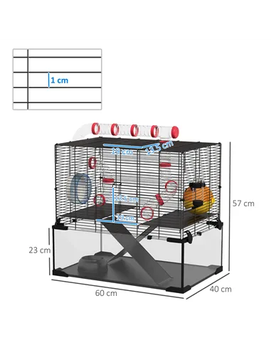 PawHut Gerbil Cage Dwarf Hamster Cage, with Deep Glass Bottom, Tunnels, Hut, Exercise Wheel, 60 x 40 x 57cm