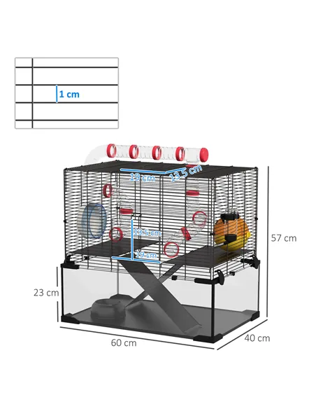 PawHut Gerbil Cage Dwarf Hamster Cage, with Deep Glass Bottom, Tunnels, Hut, Exercise Wheel, 60 x 40 x 57cm
