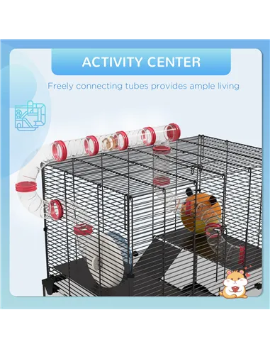 PawHut Gerbil Cage Dwarf Hamster Cage, with Deep Glass Bottom, Tunnels, Hut, Exercise Wheel, 60 x 40 x 57cm