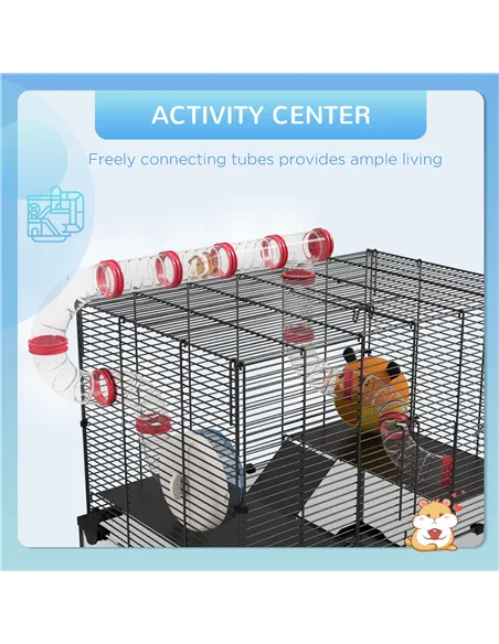 PawHut Gerbil Cage Dwarf Hamster Cage, with Deep Glass Bottom, Tunnels, Hut, Exercise Wheel, 60 x 40 x 57cm