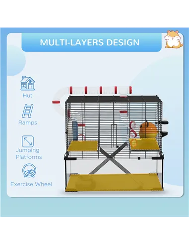 PawHut Gerbil Cage Dwarf Hamster Cage, with Deep Glass Bottom, Tunnels, Hut, Exercise Wheel, 60 x 40 x 57cm