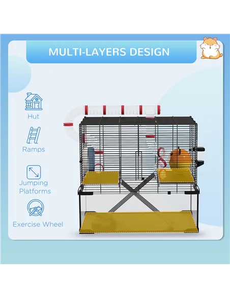 PawHut Gerbil Cage Dwarf Hamster Cage, with Deep Glass Bottom, Tunnels, Hut, Exercise Wheel, 60 x 40 x 57cm