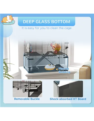 PawHut Gerbil Cage Dwarf Hamster Cage, with Deep Glass Bottom, Tunnels, Hut, Exercise Wheel, 60 x 40 x 57cm