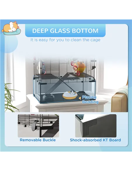 PawHut Gerbil Cage Dwarf Hamster Cage, with Deep Glass Bottom, Tunnels, Hut, Exercise Wheel, 60 x 40 x 57cm