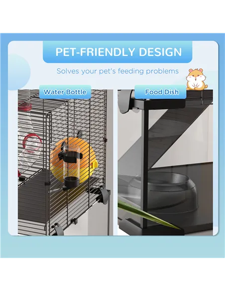 PawHut Gerbil Cage Dwarf Hamster Cage, with Deep Glass Bottom, Tunnels, Hut, Exercise Wheel, 60 x 40 x 57cm