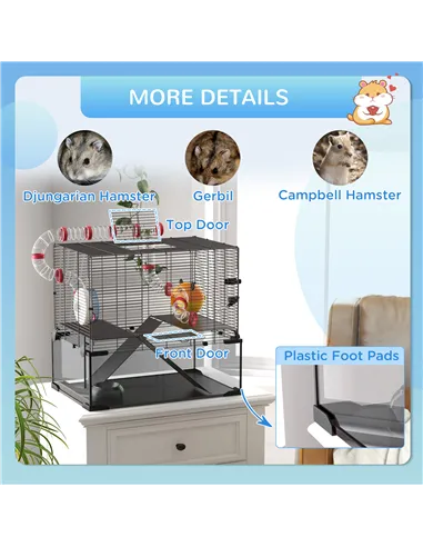 PawHut Gerbil Cage Dwarf Hamster Cage, with Deep Glass Bottom, Tunnels, Hut, Exercise Wheel, 60 x 40 x 57cm