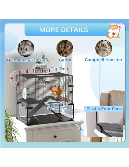 PawHut Gerbil Cage Dwarf Hamster Cage, with Deep Glass Bottom, Tunnels, Hut, Exercise Wheel, 60 x 40 x 57cm