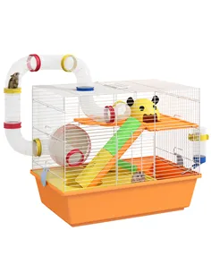 PawHut 3 Tiers Gerbil Cage, Hamster Cage with Tubes, Exercise Wheel, Ladder, Top Handle, 45 x 28 x 37cm - Orange