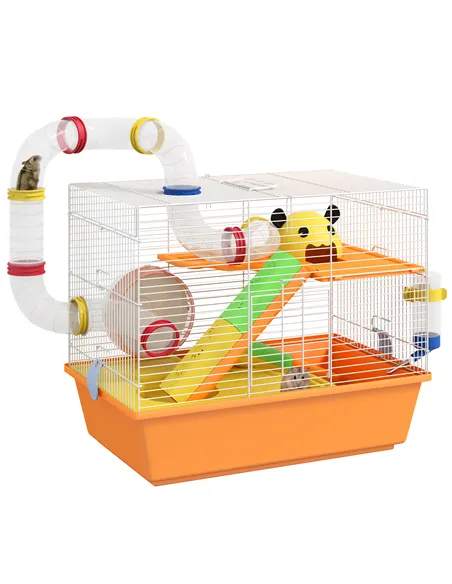 PawHut 3 Tiers Gerbil Cage, Hamster Cage with Tubes, Exercise Wheel, Ladder, Top Handle, 45 x 28 x 37cm - Orange