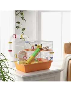 PawHut 3 Tiers Gerbil Cage, Hamster Cage with Tubes, Exercise Wheel, Ladder, Top Handle, 45 x 28 x 37cm - Orange 2