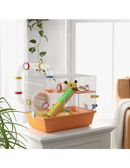 PawHut 3 Tiers Gerbil Cage, Hamster Cage with Tubes, Exercise Wheel, Ladder, Top Handle, 45 x 28 x 37cm - Orange
