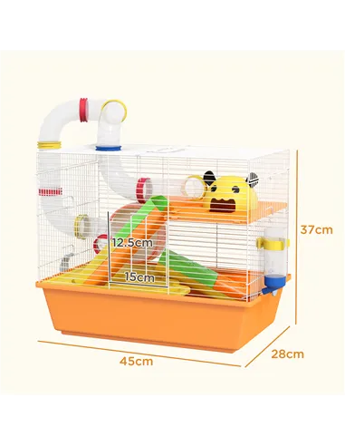PawHut 3 Tiers Gerbil Cage, Hamster Cage with Tubes, Exercise Wheel, Ladder, Top Handle, 45 x 28 x 37cm - Orange
