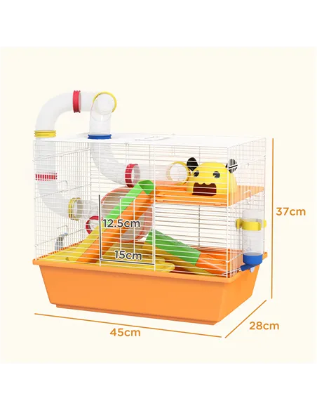 PawHut 3 Tiers Gerbil Cage, Hamster Cage with Tubes, Exercise Wheel, Ladder, Top Handle, 45 x 28 x 37cm - Orange