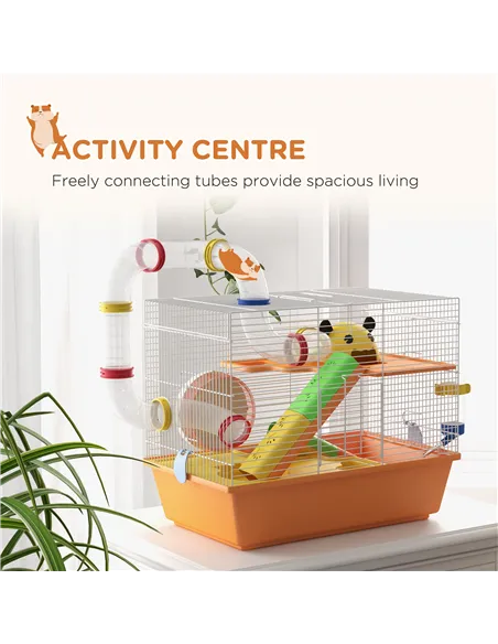 PawHut 3 Tiers Gerbil Cage, Hamster Cage with Tubes, Exercise Wheel, Ladder, Top Handle, 45 x 28 x 37cm - Orange