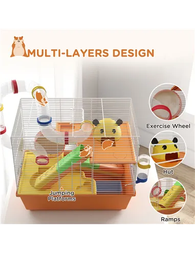 PawHut 3 Tiers Gerbil Cage, Hamster Cage with Tubes, Exercise Wheel, Ladder, Top Handle, 45 x 28 x 37cm - Orange