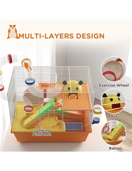 PawHut 3 Tiers Gerbil Cage, Hamster Cage with Tubes, Exercise Wheel, Ladder, Top Handle, 45 x 28 x 37cm - Orange