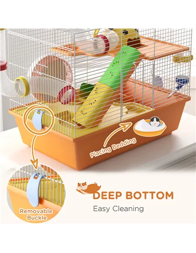 PawHut 3 Tiers Gerbil Cage, Hamster Cage with Tubes, Exercise Wheel, Ladder, Top Handle, 45 x 28 x 37cm - Orange