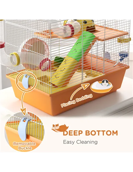 PawHut 3 Tiers Gerbil Cage, Hamster Cage with Tubes, Exercise Wheel, Ladder, Top Handle, 45 x 28 x 37cm - Orange
