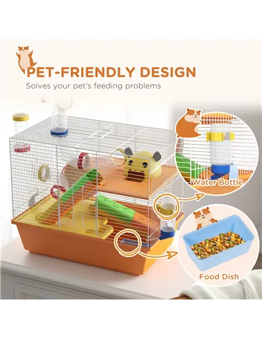PawHut 3 Tiers Gerbil Cage, Hamster Cage with Tubes, Exercise Wheel, Ladder, Top Handle, 45 x 28 x 37cm - Orange